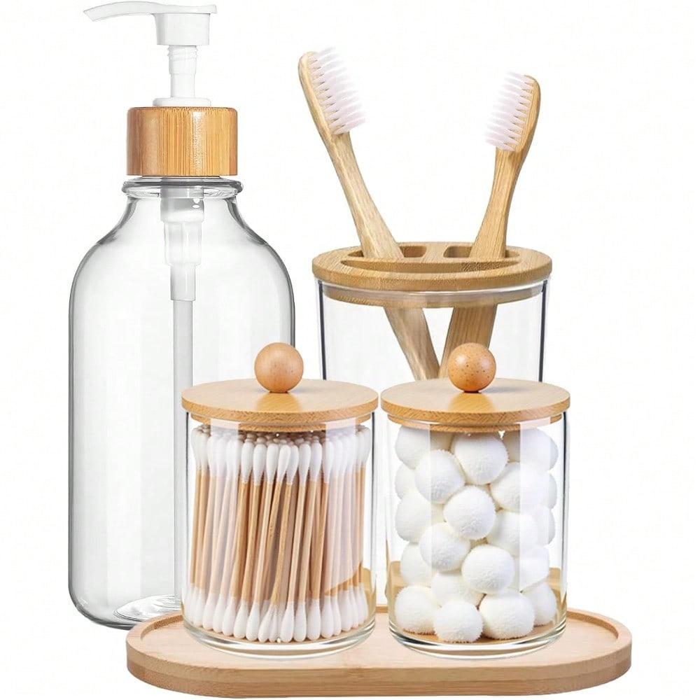 5 Pack Bamboo Bathroom Accessories Set With Tray, Plastic Soap Dispenser, Clear Toothbrush Holder And 2 Qtip Holder Cotton Ball Container Jar