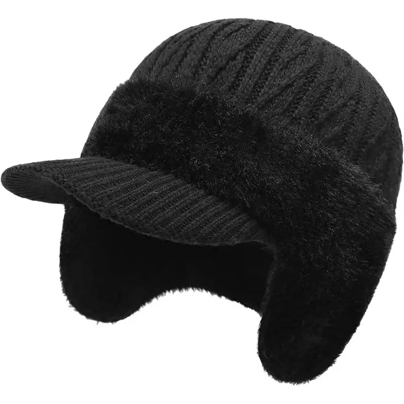Winter Knit Beanie with Brim & Ear Flaps for Men Women, Warm Fleece Lined Visor Hat, Windproof Cold Weather Stocking Cap for Outdoor Skiing Cycling Hiking
