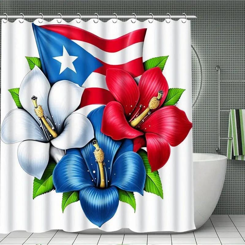 1/4pcs Puerto Rican flag pattern shower curtain set, includes non-slip mat, U-shaped rug, and toilet seat cover. Perfect for bathroom decoration, partitioning, and beautifying the space. Comes with 12 shower curtain hooks. Bathroom Decoration Accessories