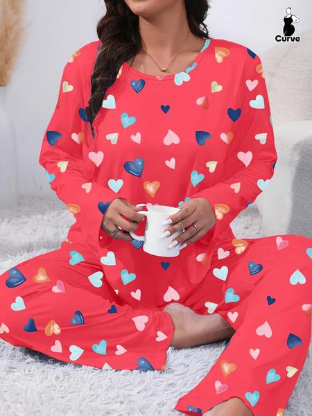 Plus Size Two-Piece Set Heart Print Pyjama Lounge Set, Casual Long Sleeve Tee & Pants, Women's Plus Sleepwear & Homewear for Spring & Fall Pajamas