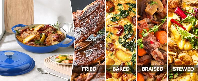 Kerilyn 3 Quart Enameled Shallow Cast Iron Dutch Oven with Lid, Dual Handles Dutch Pots for Cooking, Stewing, Heavy-Duty & Nonstick, Oven Safe up to 500° F, Works on All Stovetops, Dark Blue   dutch enamel stock