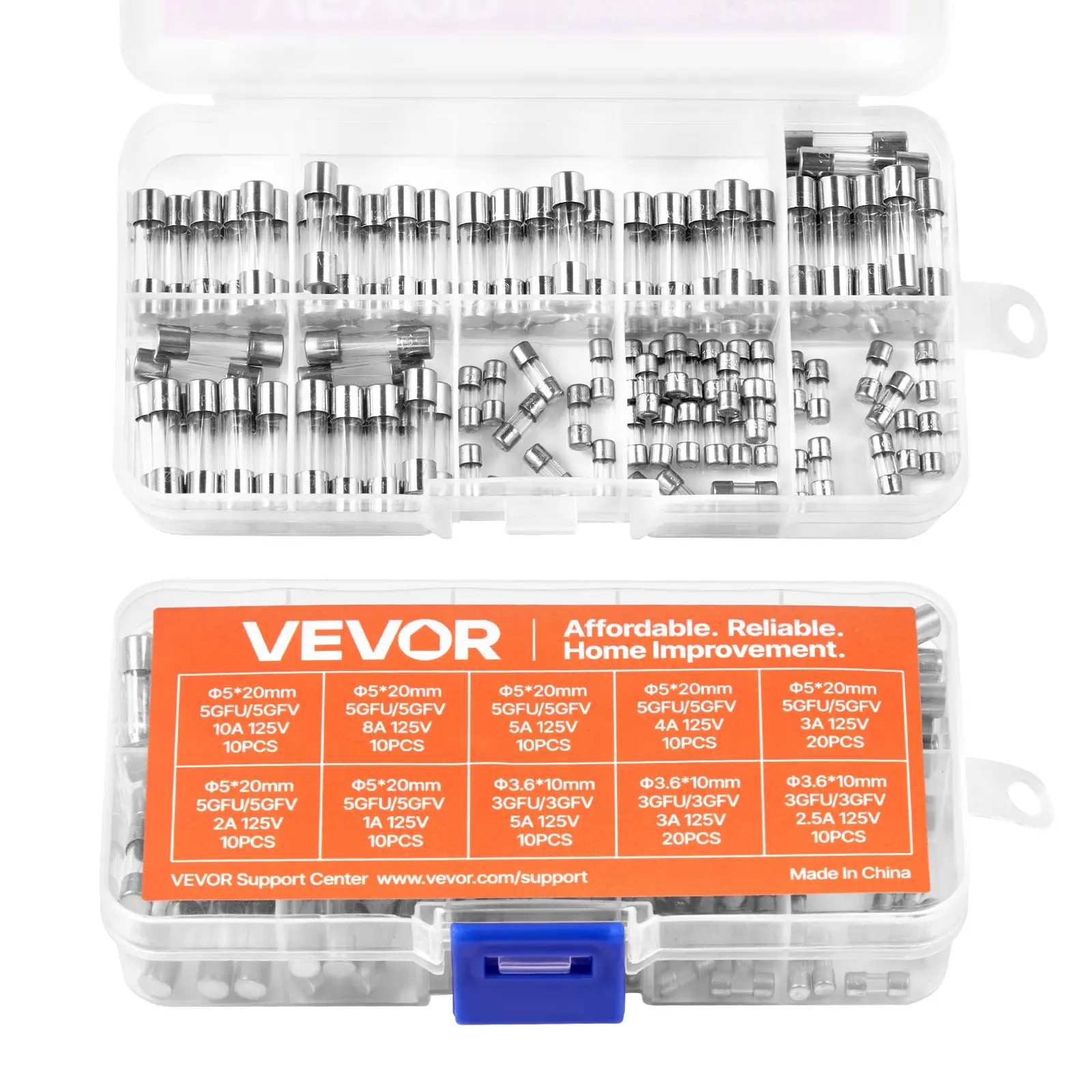 VEVOR Fast-Blow Glass Fuses Assortment Kit, 120 Pcs 125 Volt, 5x 20 mm 1A 2A 3A 4A 5A 8A 10A, 3.6x 10 mm 2.5A 3A 5A Tube Fuses, Suitable for Electrical Boxes, LED Strips, Electronics, Appliances
