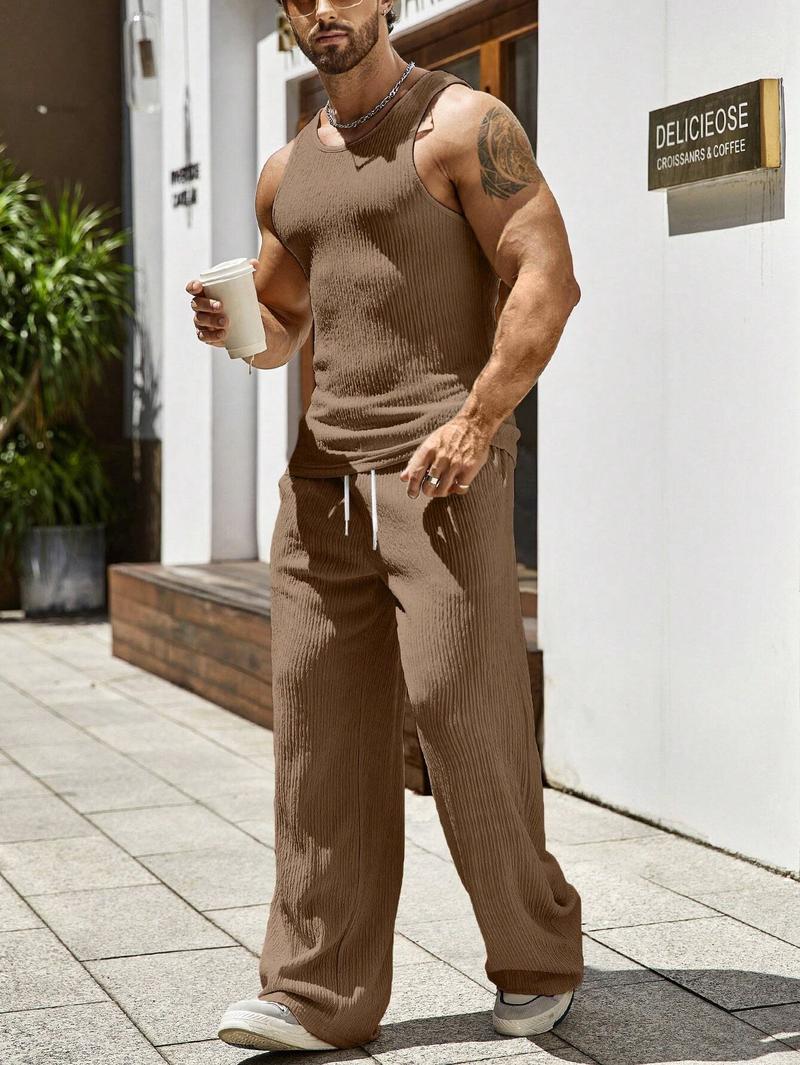 ZAFUL Men Solid Tank Top & Wide Leg Pants Men's 2 Piece Set Knitted Solid Sleeveless Scoop Neck Tank Top and Elastic Waist Wide Leg Pants