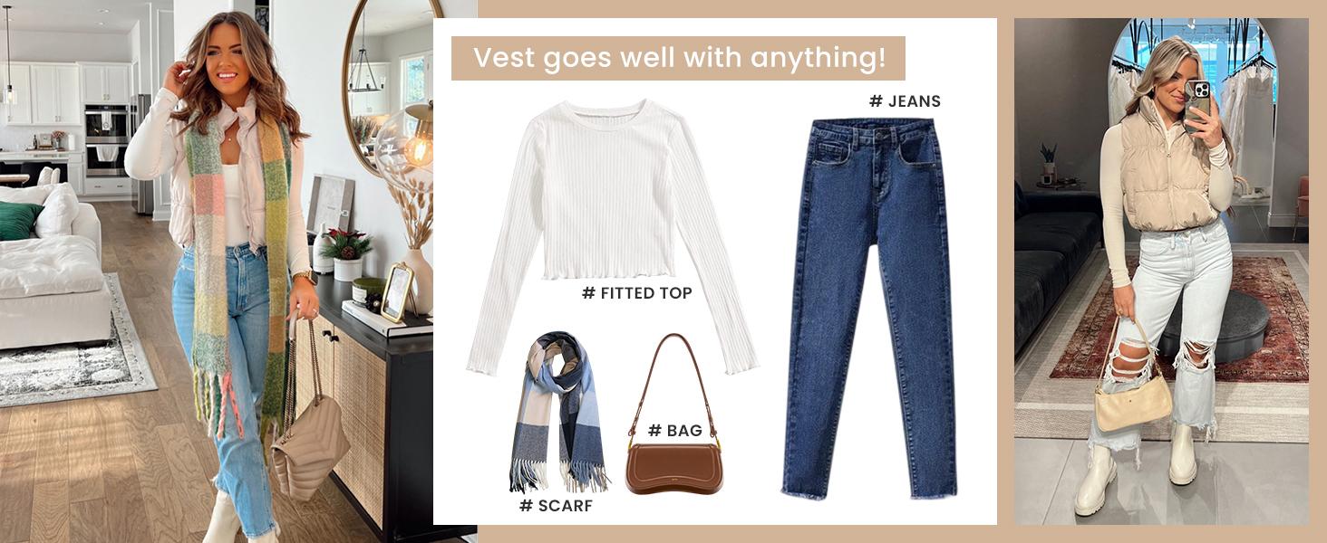 SCUSTY Women's Lightweight Sleeveless Cropped Puffer Vest Zip-Up Stand Collar with Gilet Pockets