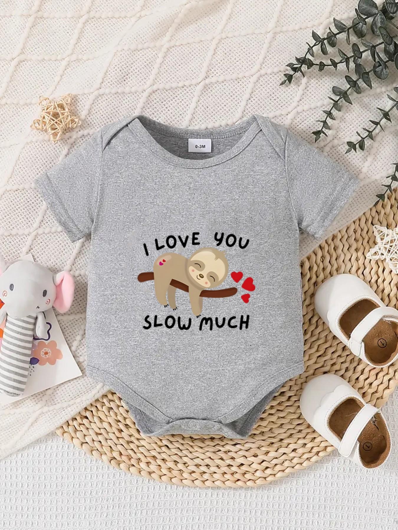Newborn Summer Short Sleeve Triangle Shirt, Unisex Baby Clothes, Cute I Love You Slow Much Sloth Heart Print, Fun Onesie
