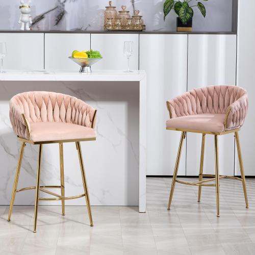 【Bellemave】2 chairs26'' Counter height bar stools velvet kitchen island counter bar stool with hand- wave back,golden chromed base and footrest (a pair)