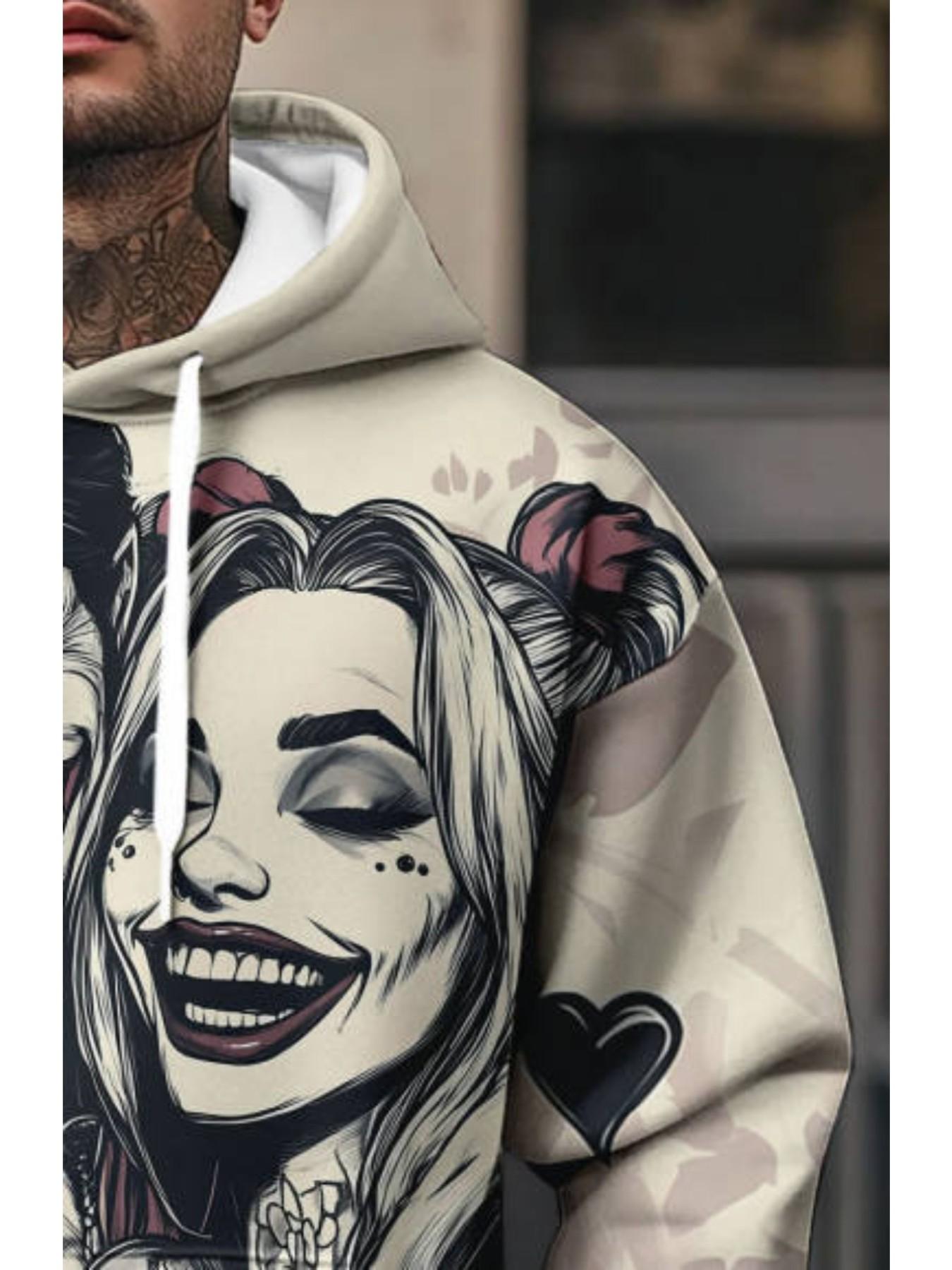 Men's Hooded Sweatshirt, Warner Collaboration, Joker Harley Quinn Print, Casual Fitted Sweatshirt, Fall Winter Fashion, Graphic Hooded Sweatshirt