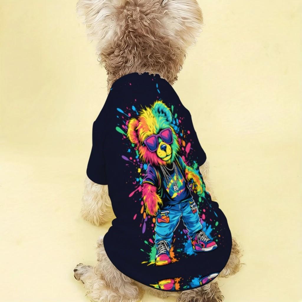 1pc All-Season Small Pet Clothes, Colorful Hand-Painted Bear Print, Soft Breathable Lightweight, Cute Pet Short Sleeve T-Shirt, Puppy Clothes