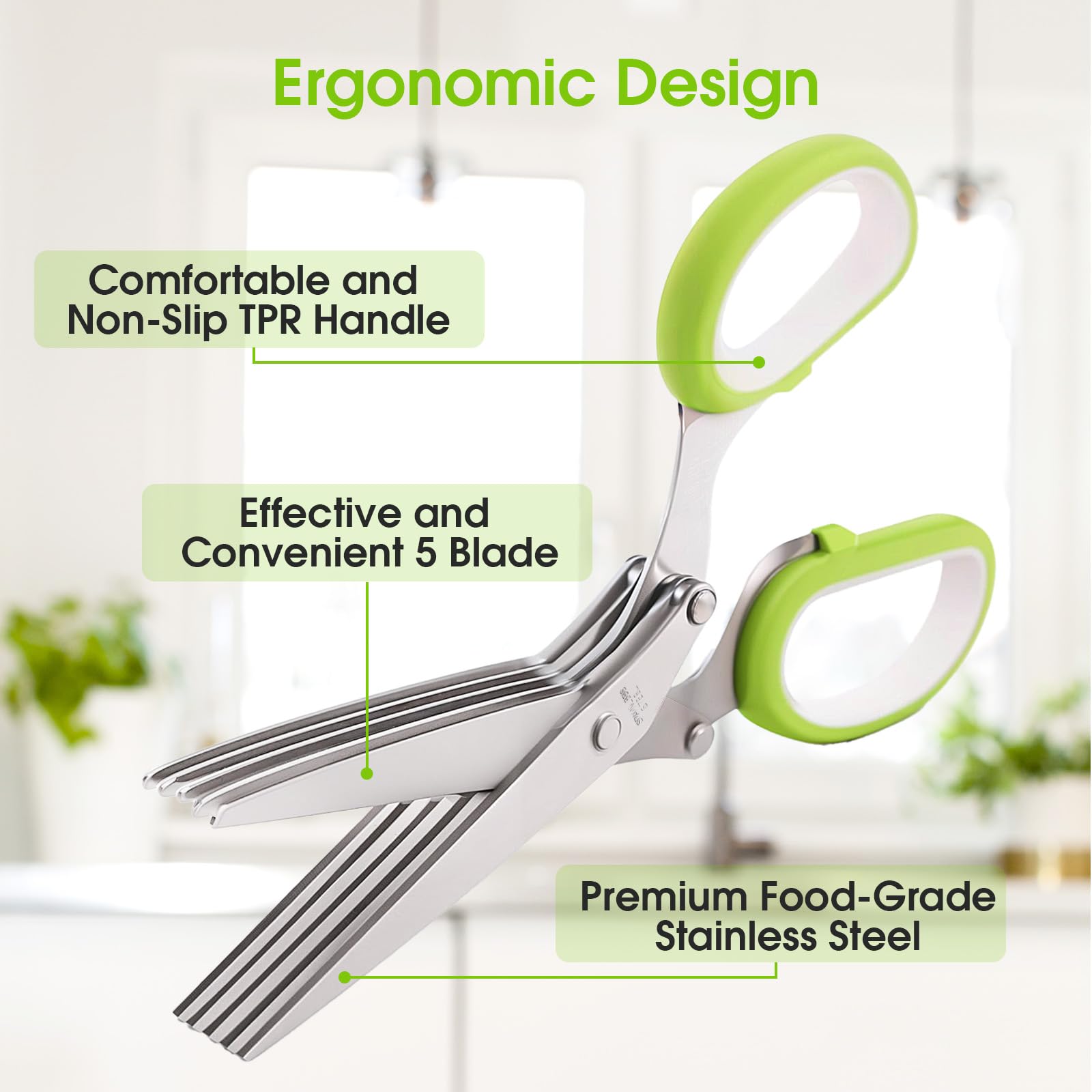 Herb Scissors, Multipurpose 5 Blade Kitchen Herb Shears Herb Cutter with Safety Cover and Cleaning Comb for Chopping Basil Chive Parsley (Green)