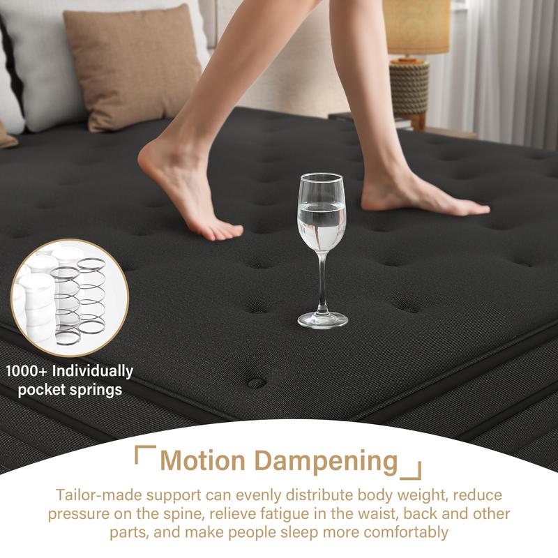 BOMASS 12" 14" Twin Full Queen King Size Mattress Gel Memory Foam Individual Pocket Spring Hybrid  Black Mattresses Medium Firm Pressure Relief Bed In box