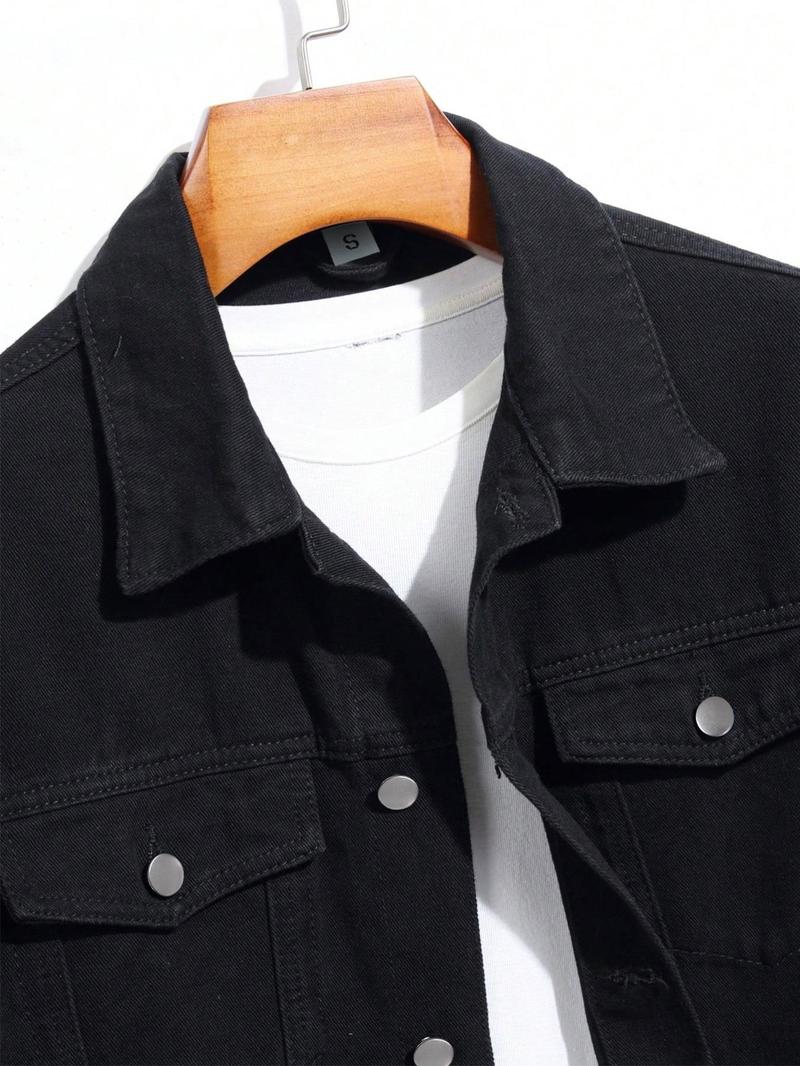 Men's Solid Color Denim Jacket, Loose Casual Fashion Comfy Long Sleeve Button Front Outerwear for Daily Wear, Men's Clothing for All Seasons Men's Solid Color Denim Jacket, Loose Casual Fashion Comfy Long Sleeve Button Front Outerwear for Daily Wear, Men's Clothing for All Seasons