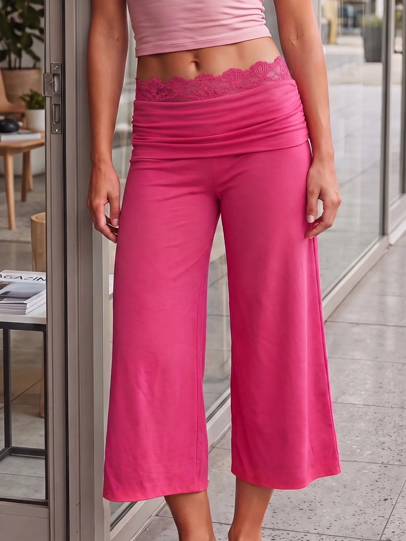 Women Hot Pink Lace Fold Over High Waist Cropped Wide Leg Pants, Scalloped Ruffle Hem Capri Trousers, Soft Stretchy Y2K Loungewear Casual Bottoms