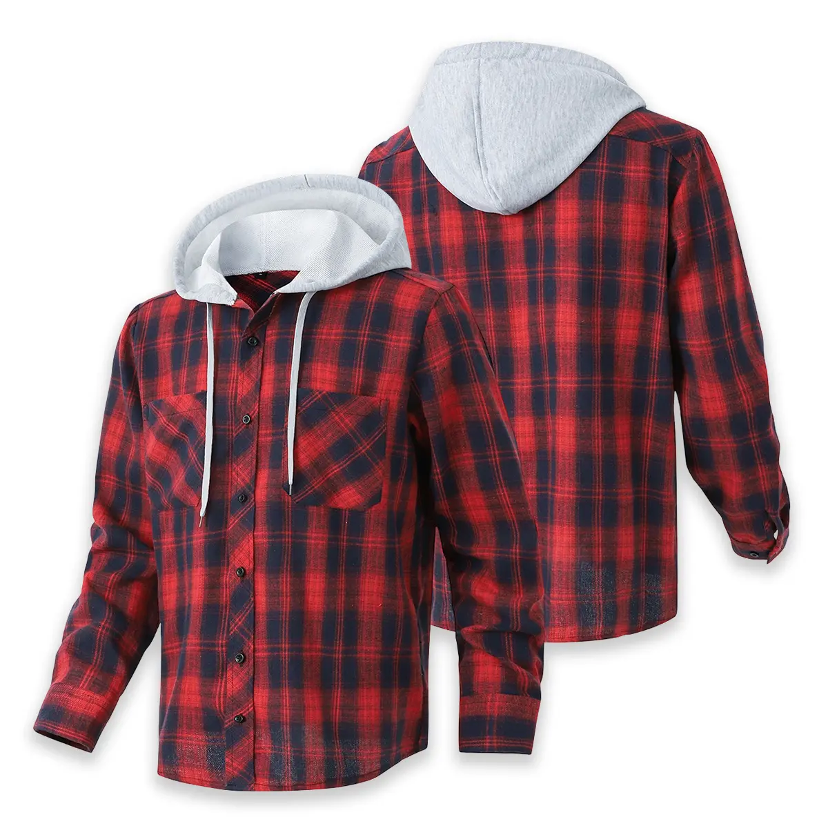 Men's Detachable Hooded Checked Longsleeves Grid Plaid Button-Down Shirt Jacket, Vintage Red Black Loose Tops with 2 Chest Pockets, Menswear Light Outerwear for Daily Outdoor Outfits