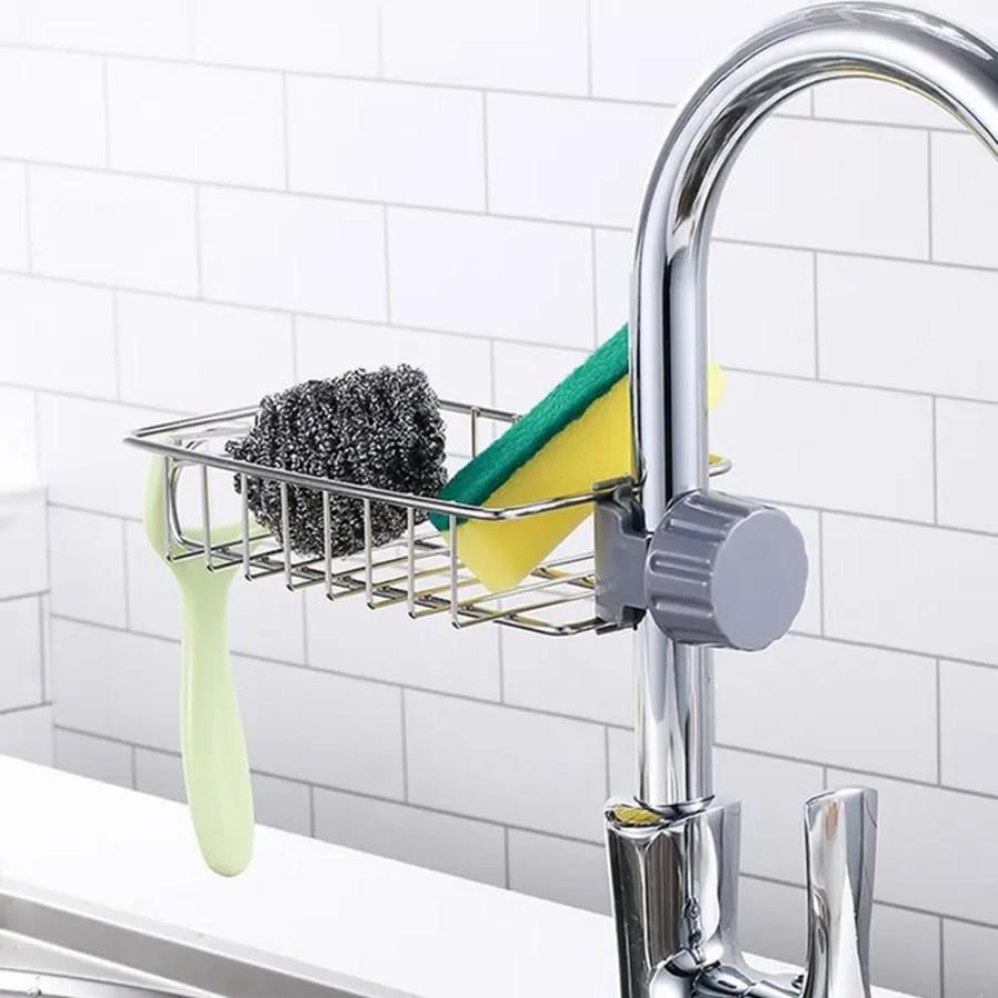 Three-In-One Kitchen Faucet Organizer, Sponge Holder, Dish Brush Rack, Soap Dispenser, Stainless Steel Compact Multi-Functional Storage Sink Box, Durable Storage Rack