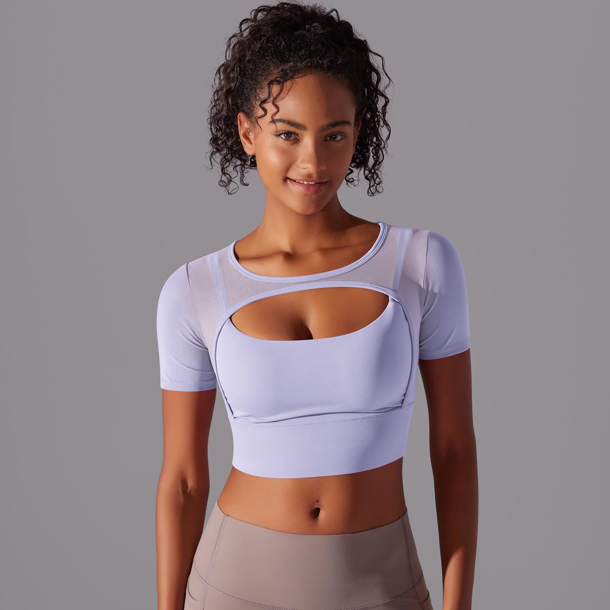 Classic Solid Color Mesh Stitching Double-Layer Short Sleeve Racerback Bra Top Women - Running, Fitness, Yoga Workout Top1123