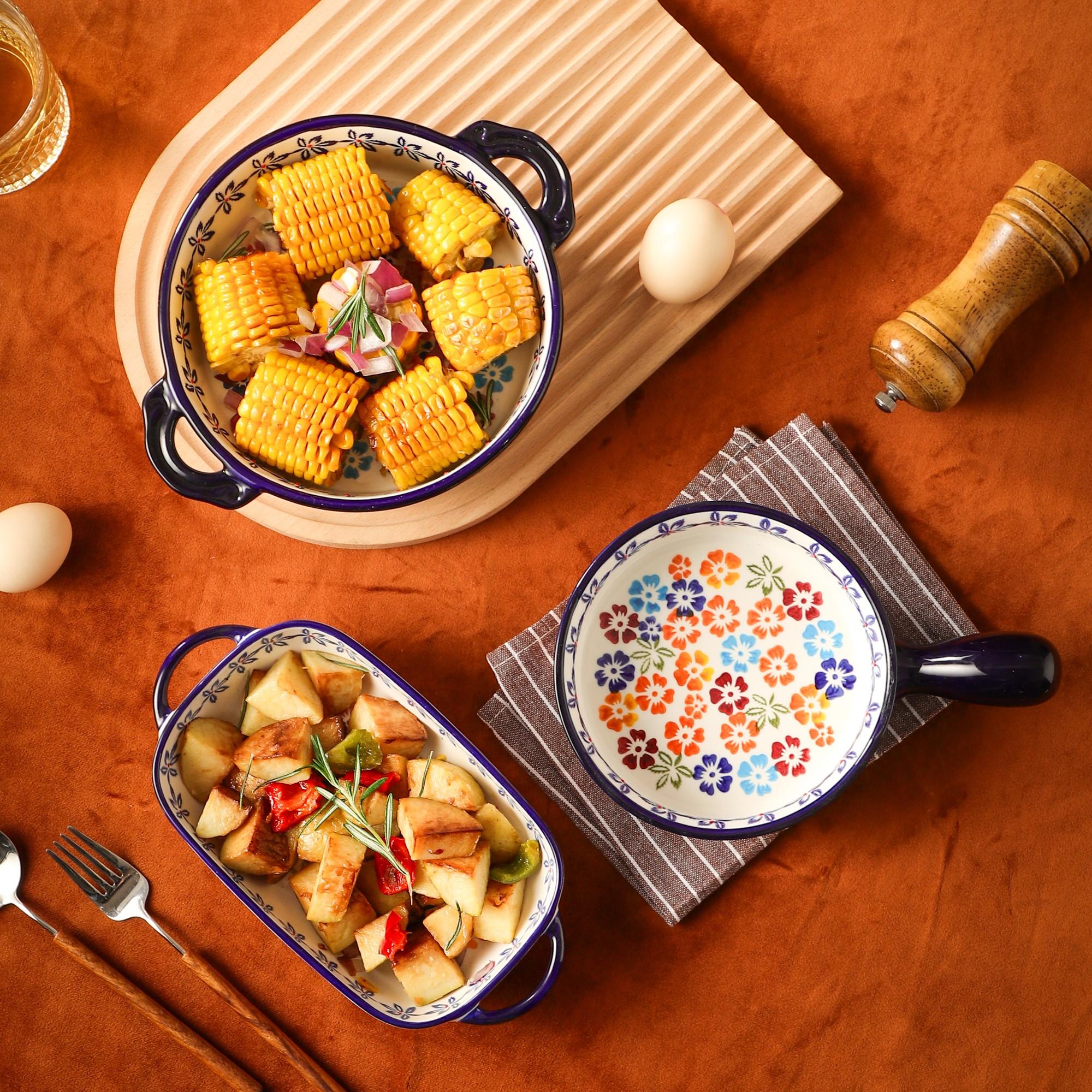 Vintage Ceramic Baking Tray, Heat Resistant Bakeware, Rectangle Fruit Bowl & Cheese Baked Rice Serving Dish, Ideal for Oven & Microwave Use at Home, Thermal Casserole Dish