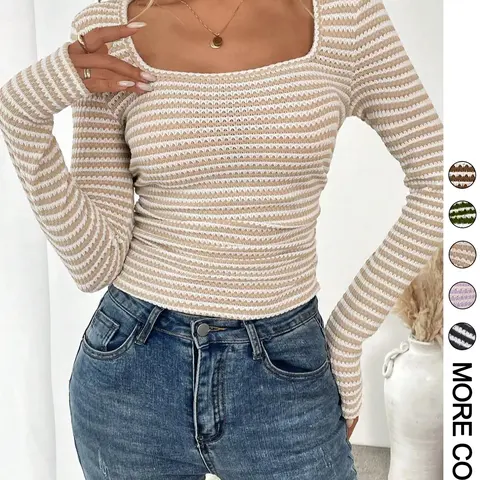 Women's Knitted Tee, Casual Long Sleeve T-shirt for Fall & Winter, Women's Clothing for Daily Wear, Daily Wear Knitwear