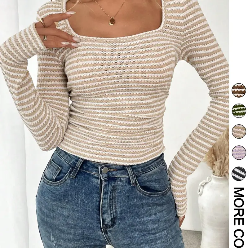Women's Knitted Tee, Casual Long Sleeve T-shirt for Fall & Winter, Women's Clothing for Daily Wear, Daily Wear Knitwear
