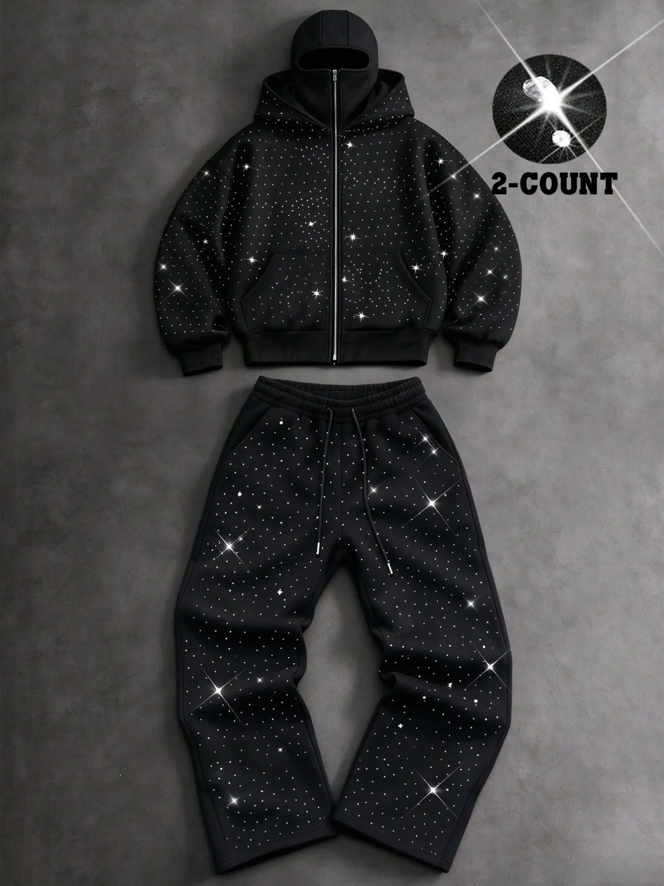 Sparkly Rhinestone Tracksuit, Thick Fleece Lined for Warmth, Hooded Zip Up Jacket & Sweatpants 2pcs Set, Slim-Fitting Long Sleeve