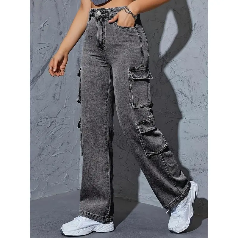 Women High Waist wide leg Denim Jeans, Boyfriend Wide Leg Cargo pants, Casual Denim Baggy Pants with Pockets, Women'S Denim Jeans & Clothing