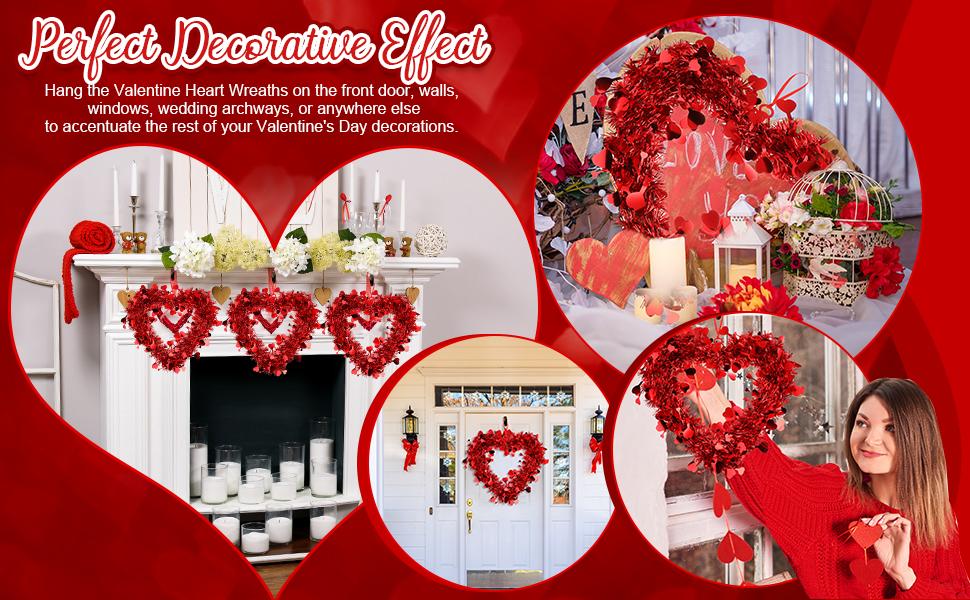Valentine's Day Heart Wreath 8/6/3 Pcs Red Pink Tinsel Heart Shaped Hanger Wreath for Front Door Window Wall Mantle Kitchen Cabinet Romantic Atmosphere Valentines Decor Wedding Decorations Anniversary Birthday Party Spring Indoor Outdoor Home Decor