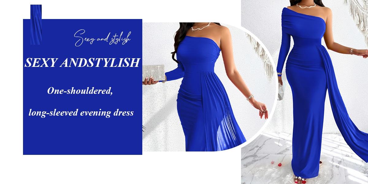 Aliling Women's Elegant Christmas Evening Dress, Asymmetrical One-Shoulder Maxi Gown, High-Waisted Ruched Long Dress, Formal Wear