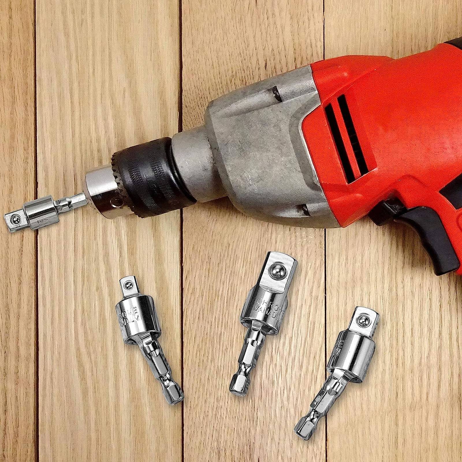 Electric Wrench Quick Change Socket Adapter Kit, 1/4/3/8/1/2 Inch Hex Head Conversion Coupler, Anti-Loose Metal Extension Rod Set