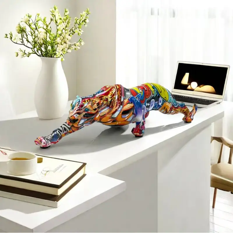 Crawling Leopard Resin Statue, Colorful Graffiti Panther Sculpture, Modern Animal Decor for Home Living Room Office