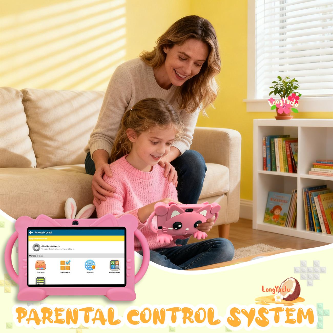 Interesting Smart Android Tablet, Android 12 for daily learning use, dual camera recording of life, parental control, anti fall and anti-collision, multiple applications, fast running, suitable for children and teenagers, no adapter, blue/pink