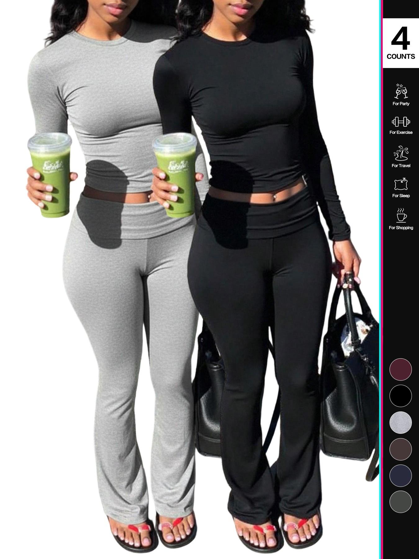 Women's 2 Piece, Foldover Flare Pants & Long Sleeve Crew Neck T-Shirt, Fitted Pajama Sets, Casual Comfortable Sleepwear