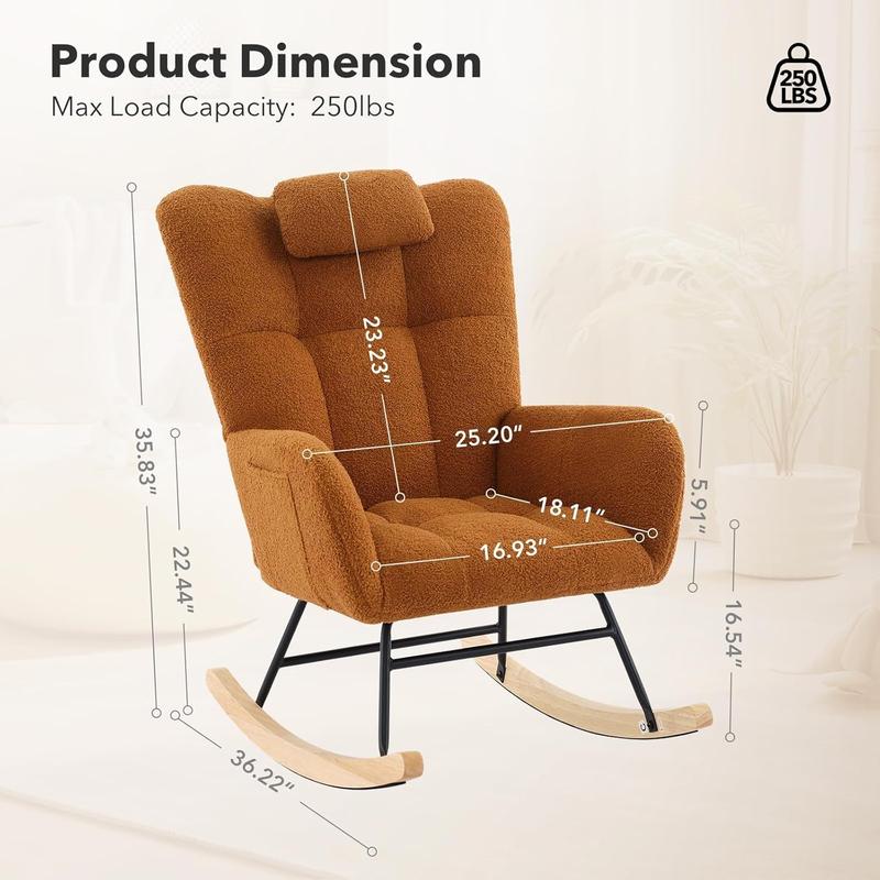 Nursery Rocking Chair, Teddy Upholstered Glider Rocker with Padded Seat and High Backrest, Comfy Accent Armchair for Baby Room or Living Room