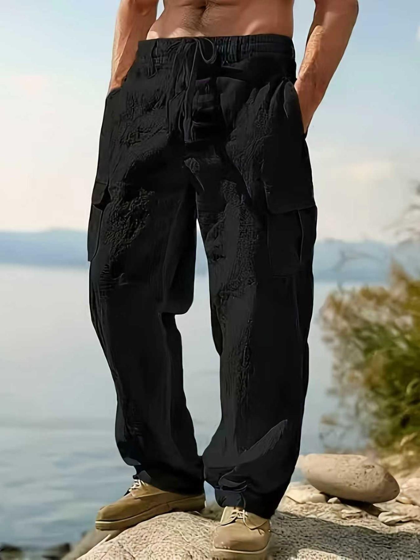 2026 Fashion Comfy Men's Linen Cargo Pants for Outdoor Beach, Drawstring Multi-Pocket Straight Leg Breathable Classic Casual Long Pants