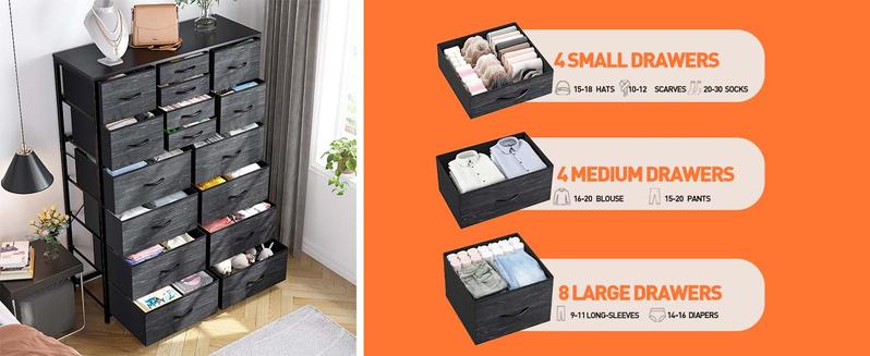 【Spring Refresh】Raybee Furniture 16 Drawer Dresser, Tall Fabric Storage Organizer with Sturdy Metal Frame and Wooden Top, Large Capacity& Space Saving Storage Organizer Unit, Modern Chest of Drawers for Bedroom Closet Entryway, Easy to Assemble & Clean