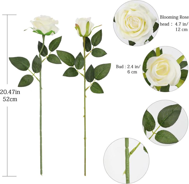 AnYa 12/24/48 pcs Artificial Rose Howers LongStem Fake Silk Roses for DIY Wedding Bouquet Table Centerpiece HomeDecor, Realistic Silk White Roses, Suitable for Valentine’s Day, Mother’s Day, Halloween, Christmas, Floral Arrangements & Home Decor