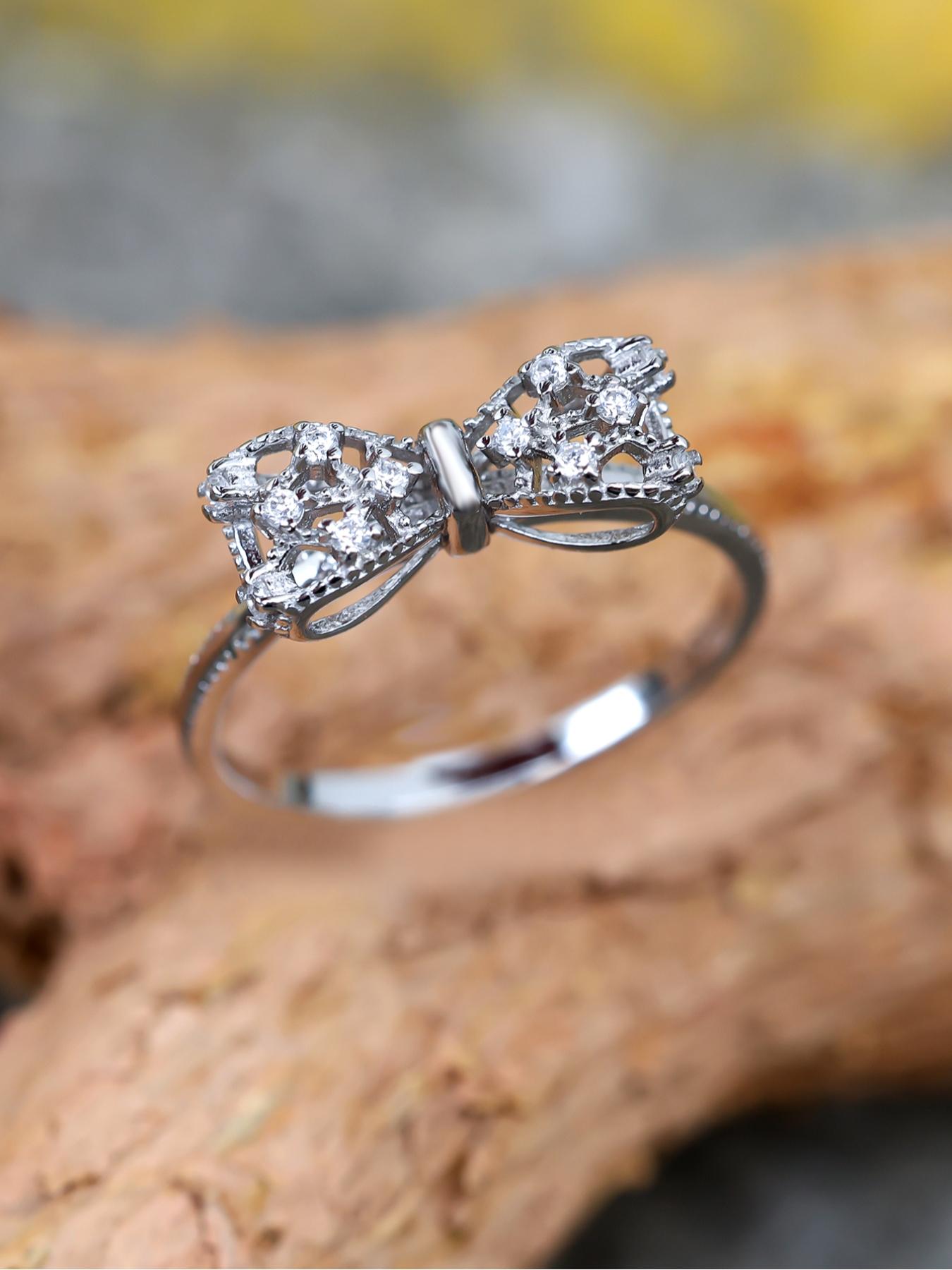 S925 Sterling Silver Cute Bowknot Design Ring, Fashion Rhinestones Decor Elegant Engagement Ring for Women & Girls, Trendy All-match & Exquisite Jewelry for Gift