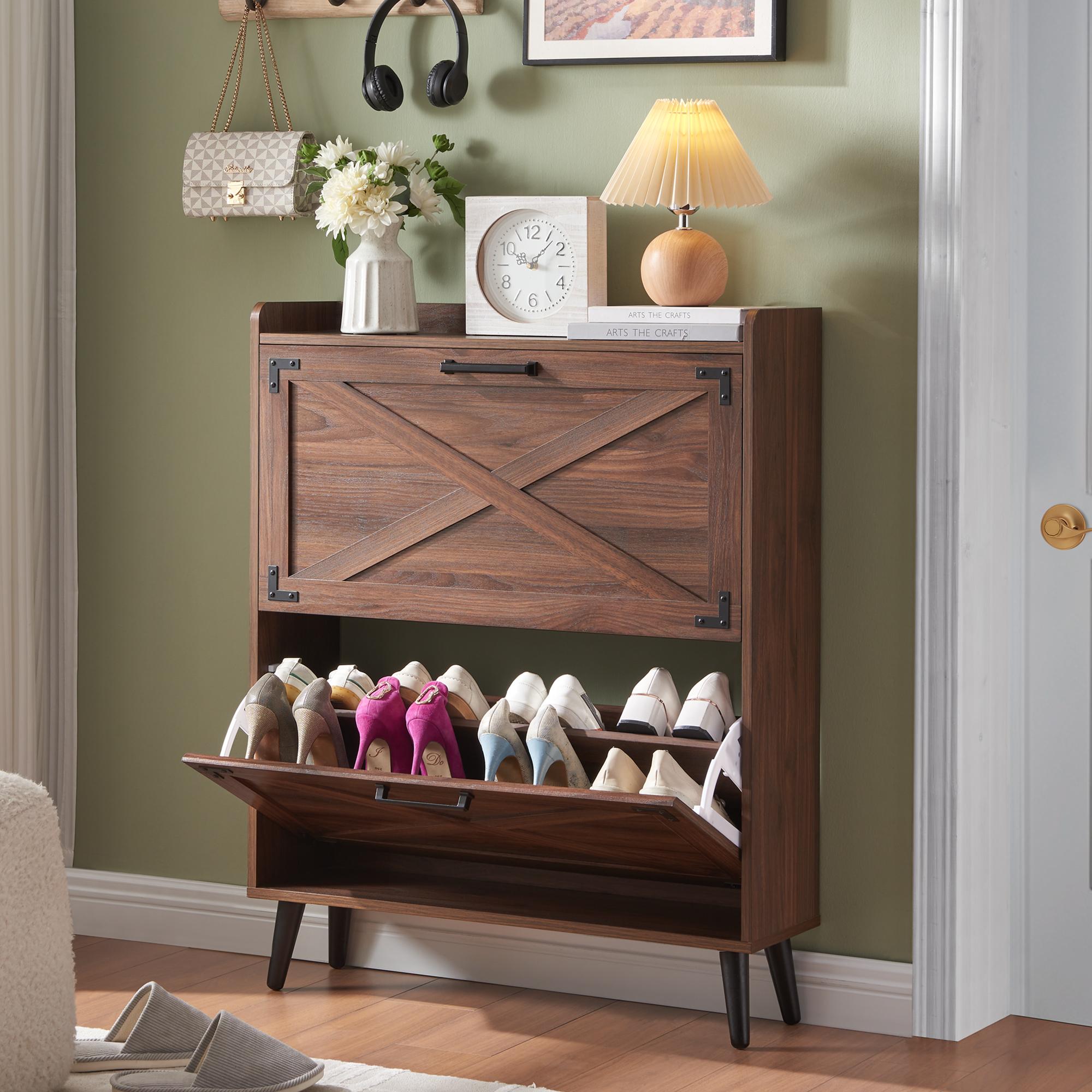 Farmhouse Shoe Storage Cabinet with 2-4 Flip Drawers & Barn Door Design - Freestanding Slim Narrow Shoe Organizer for Entryway, Foyer & Hallway