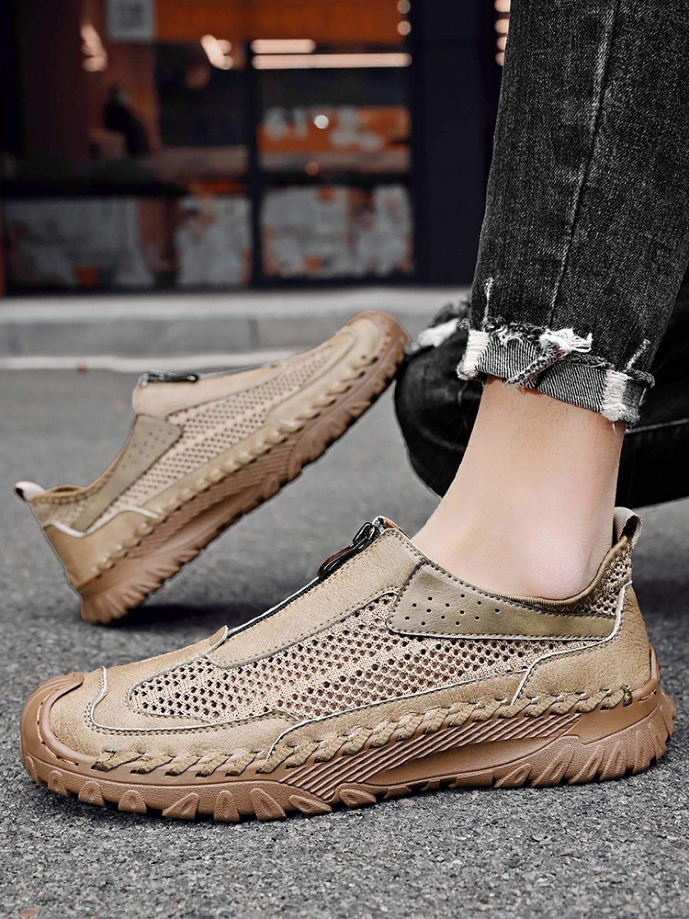 Men's Solid Color Mesh Zipper Toe Casual Shoes, Soft Sole, Non-Slip, Hand-Stitched, Breathable Slip-On Lazy Dad Shoes