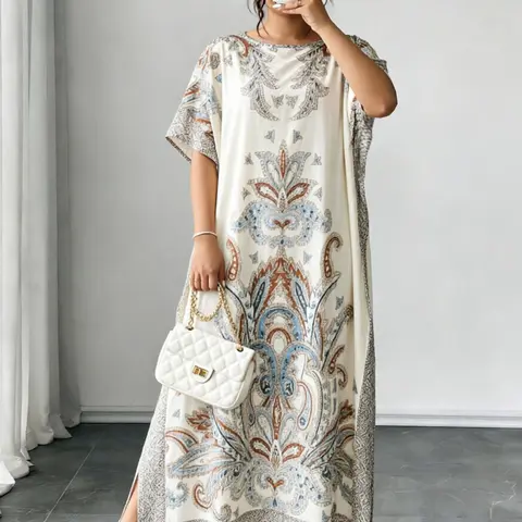 Women's Casual Ethnic Style Loose-Fit Dress, All Over Print, Summer Wear, Beach, Split Hem Design, Ideal for Daily Wear & Vacation, Lightweight