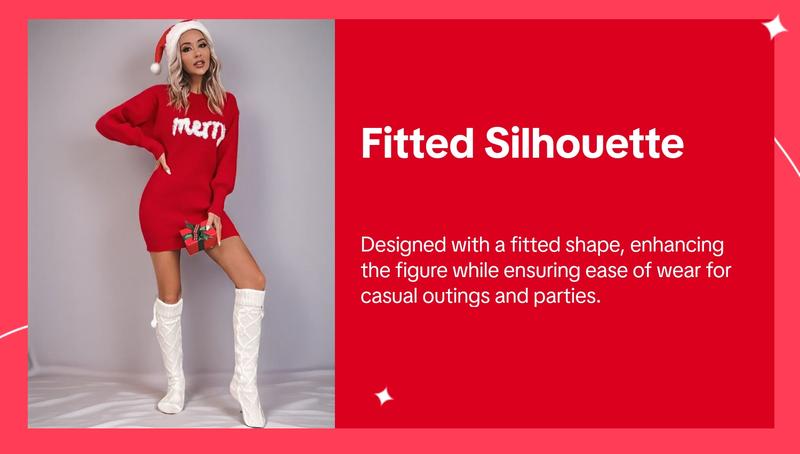 Women's Christmas Letter Print Drop Shoulder Sweater Dress, Casual Long Sleeve Round Neck Jumper Dress&nbsp;for Daily Outdoor Wear, Women Knitwear for Fall & Winter