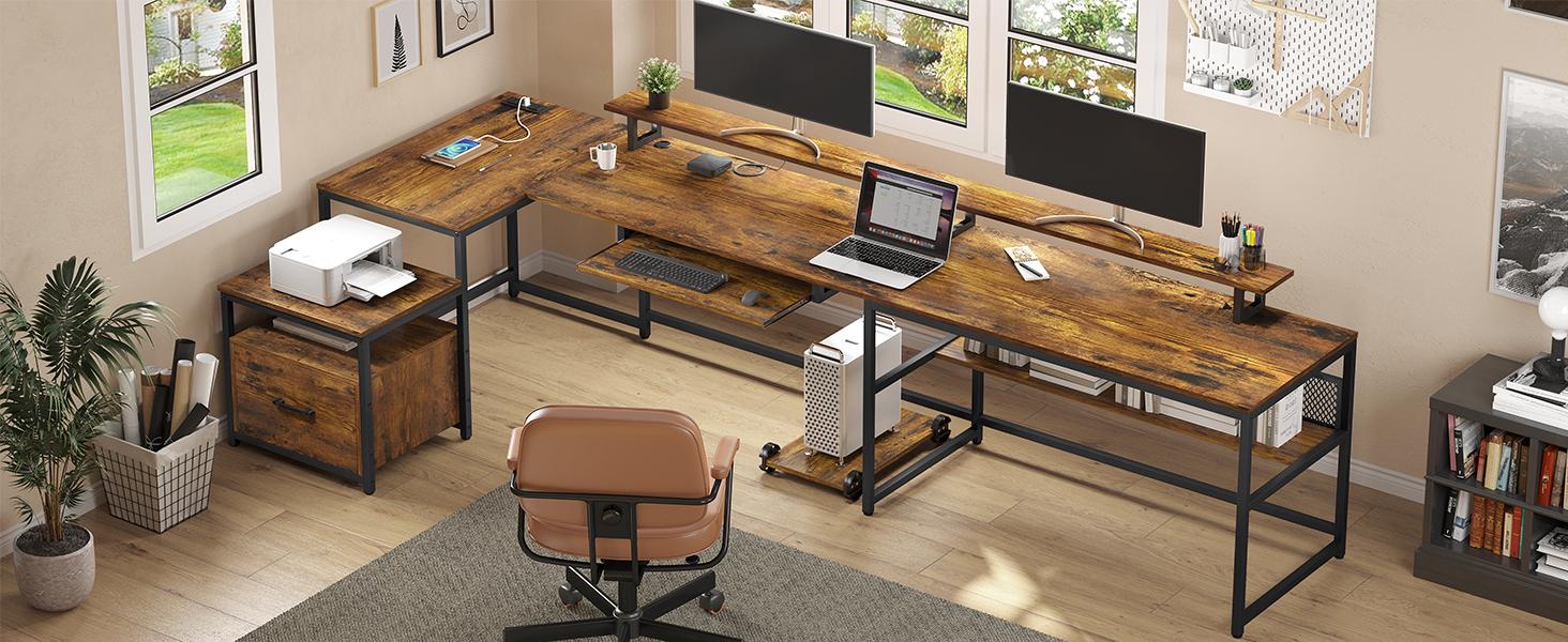 SEDETA 101.5 in. U-Shaped Computer Desk Reversible L-Shaped Desk  L-Shaped Executive Desk, Large Office Desk with Drawers and Lateral File Cabinet, Business Furniture with Storage Shelves, Modern Computer Desk for Home Office