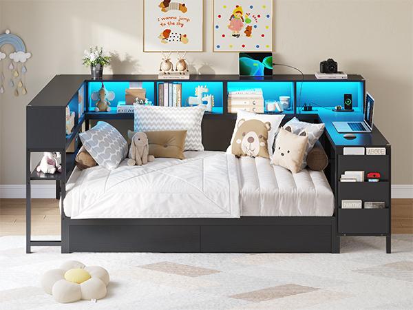Hasuit Twin Corner Bed with Desk and Storage Bookcase, Daybed with 2 Drawers & 2 Storage Bins, Twin Size Platform Bed Frame with Charging Station and LED Light, Modern Teenagers Bedframe