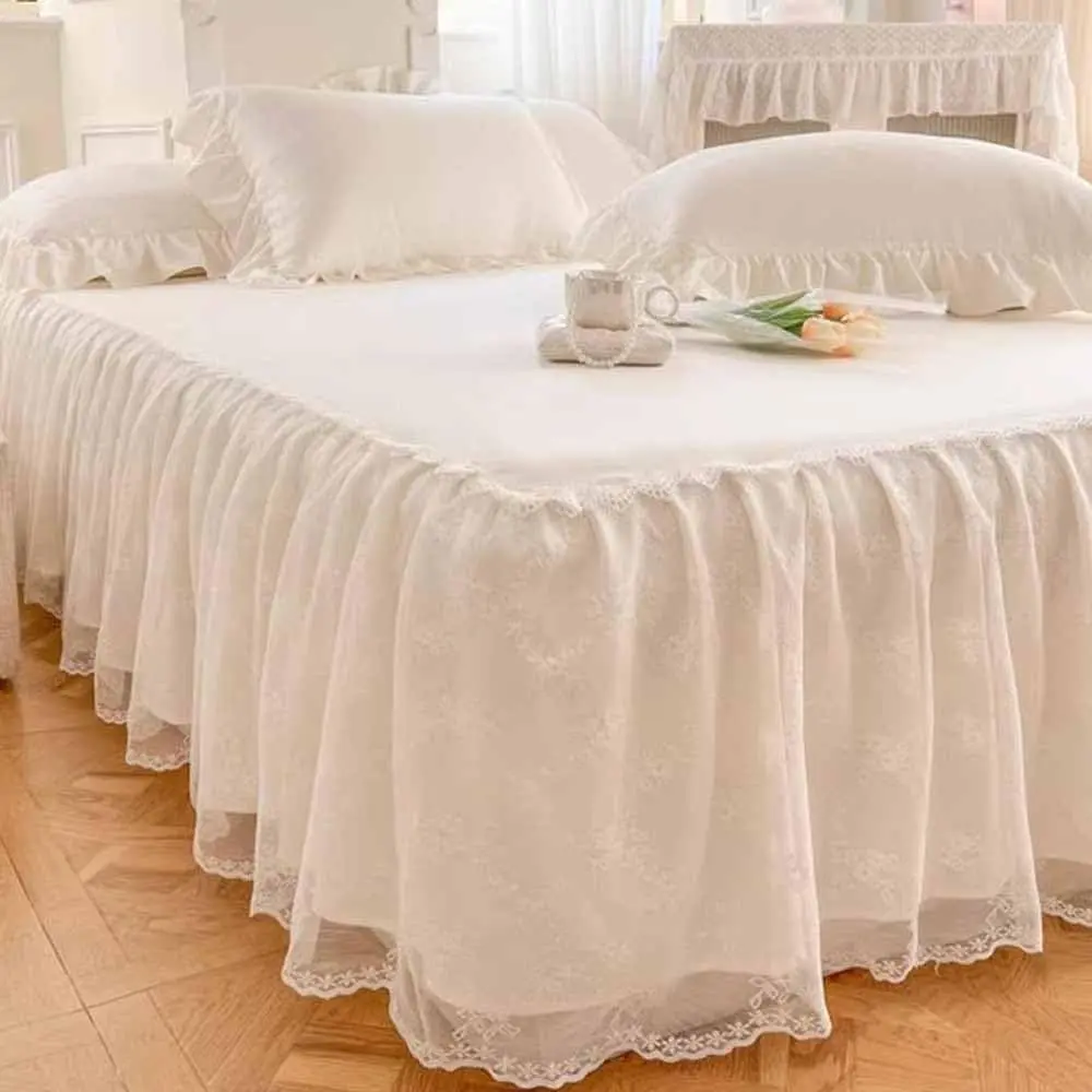 Lace Bed Skirt & Bedsheet Queen Size - 17 in.Drop, Ruffled Bedskirt Wrap Around Bedcover, Anti Wrinkle & Fade