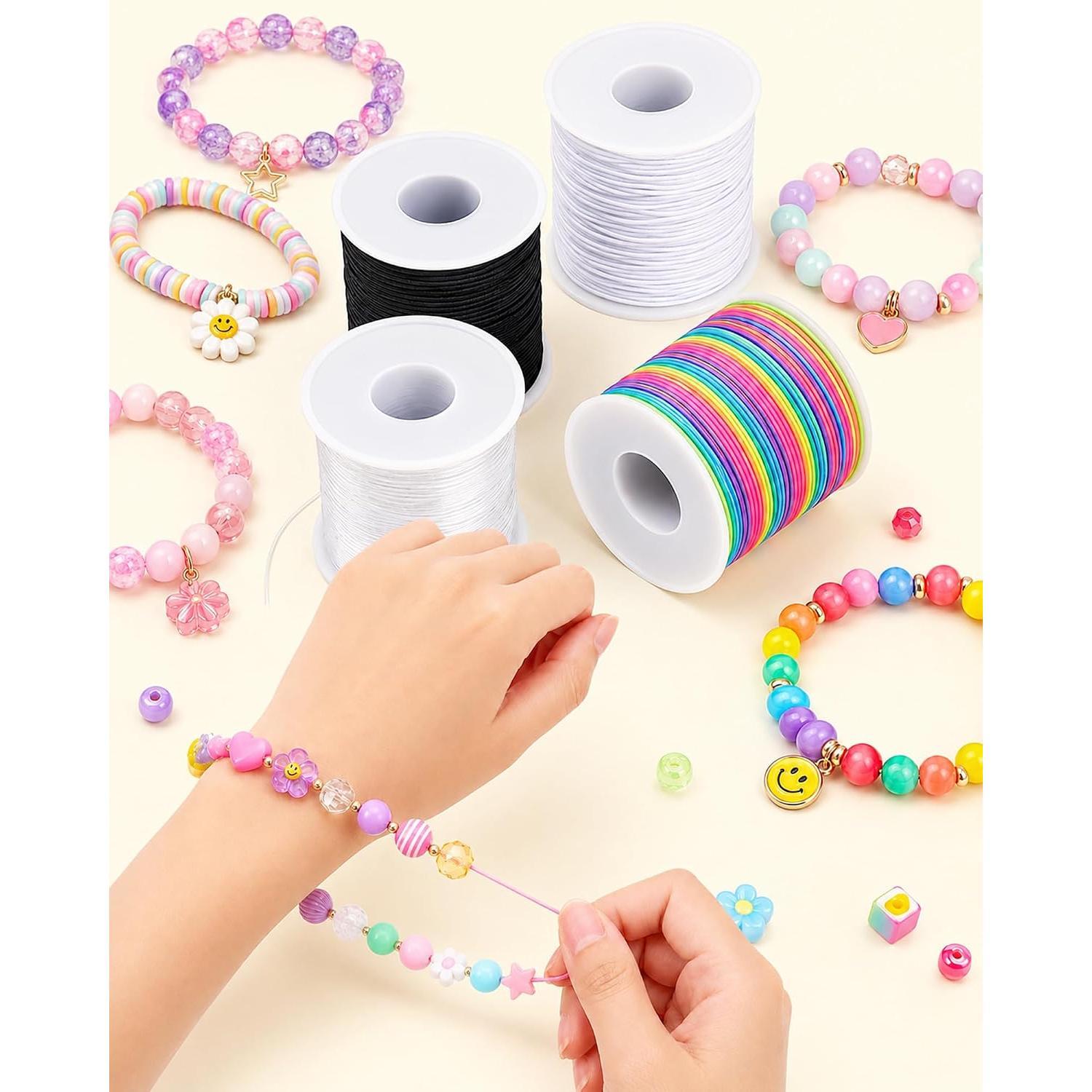 DIY Beading Elastic Cord Kit - 4 Rolls of 1mm 660FT Bracelet String for Pony Beads, Keychains, Jewelry Craft Projects