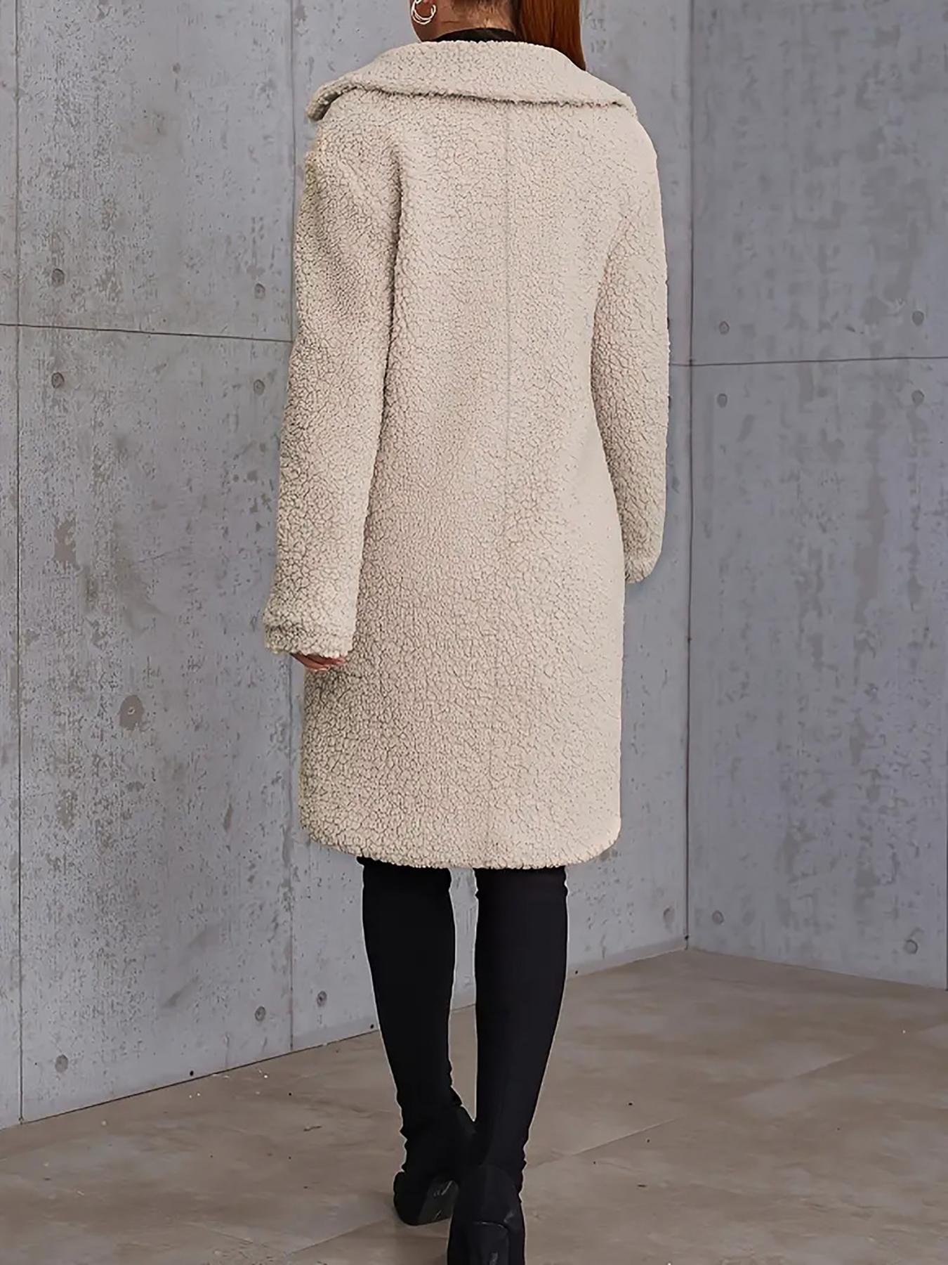 Women's Winter Lamb Fur Mid-Length Coat, Soft Aesthetic Ladies Double-Breasted Outerwear, Casual Loose-Fitting Jacket, Plain Pattern, No Ca Prop 65