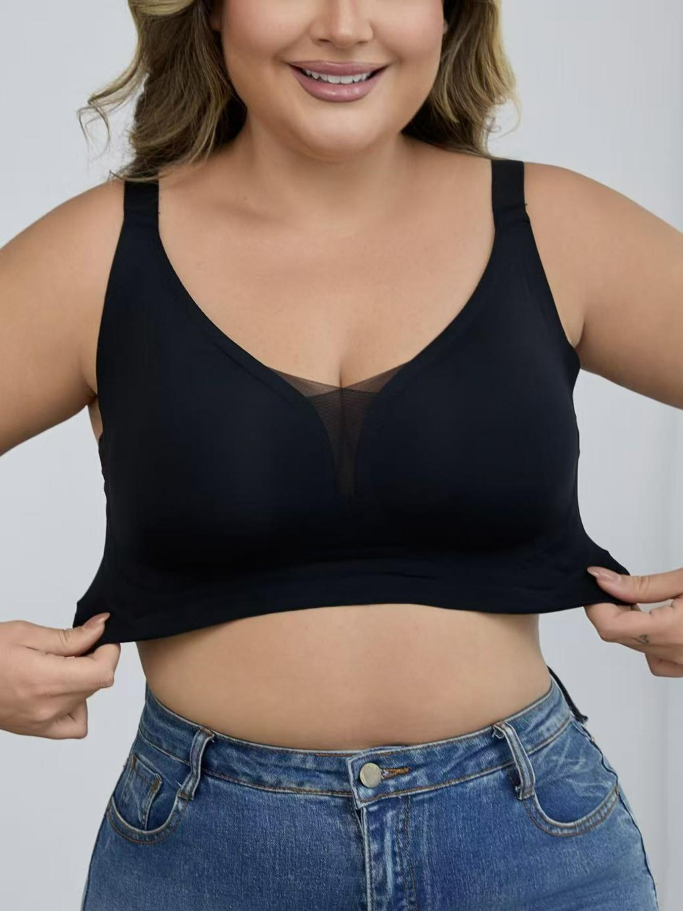 Women's Plus Size Seamless Wireless Bra - Gather & Lift Support, Breathable Mesh, High Side Wings for Side Fat Control, No Underwire Comfort