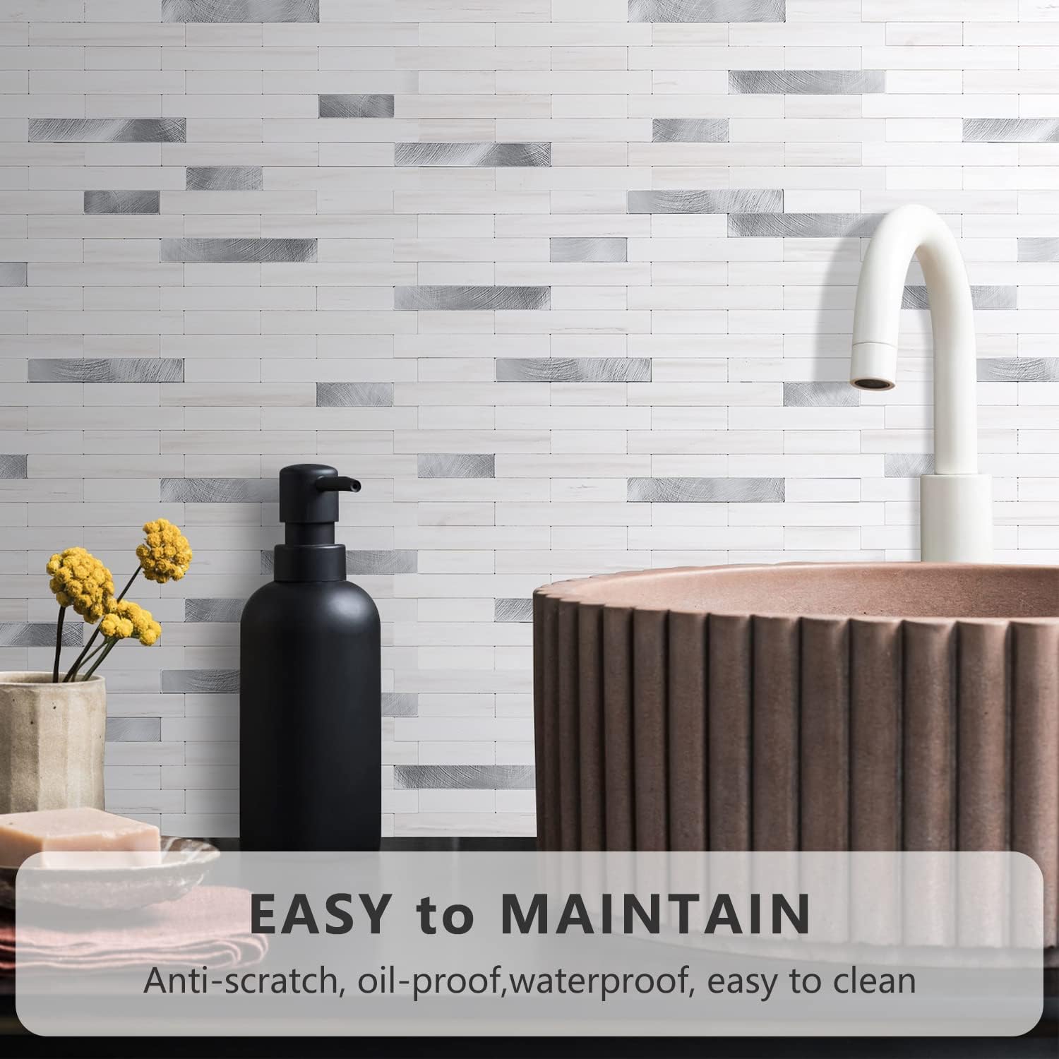 STICKGOO 10 Sheets Peel and Stick Backsplash Tile, Stick on Backsplash for Kitchen and Bathroom, Dolomite White Marble Look PVC Mixed Metal Silver Self Adhesive Wall Tiles STICKGOO 10 Sheets Peel and Stick Backsplash Tile, Stick on Backsplash for Kitchen and Bathroom, Dolomite White Marble Look PVC Mixed Metal Silver Self Adhesive Wall Tiles