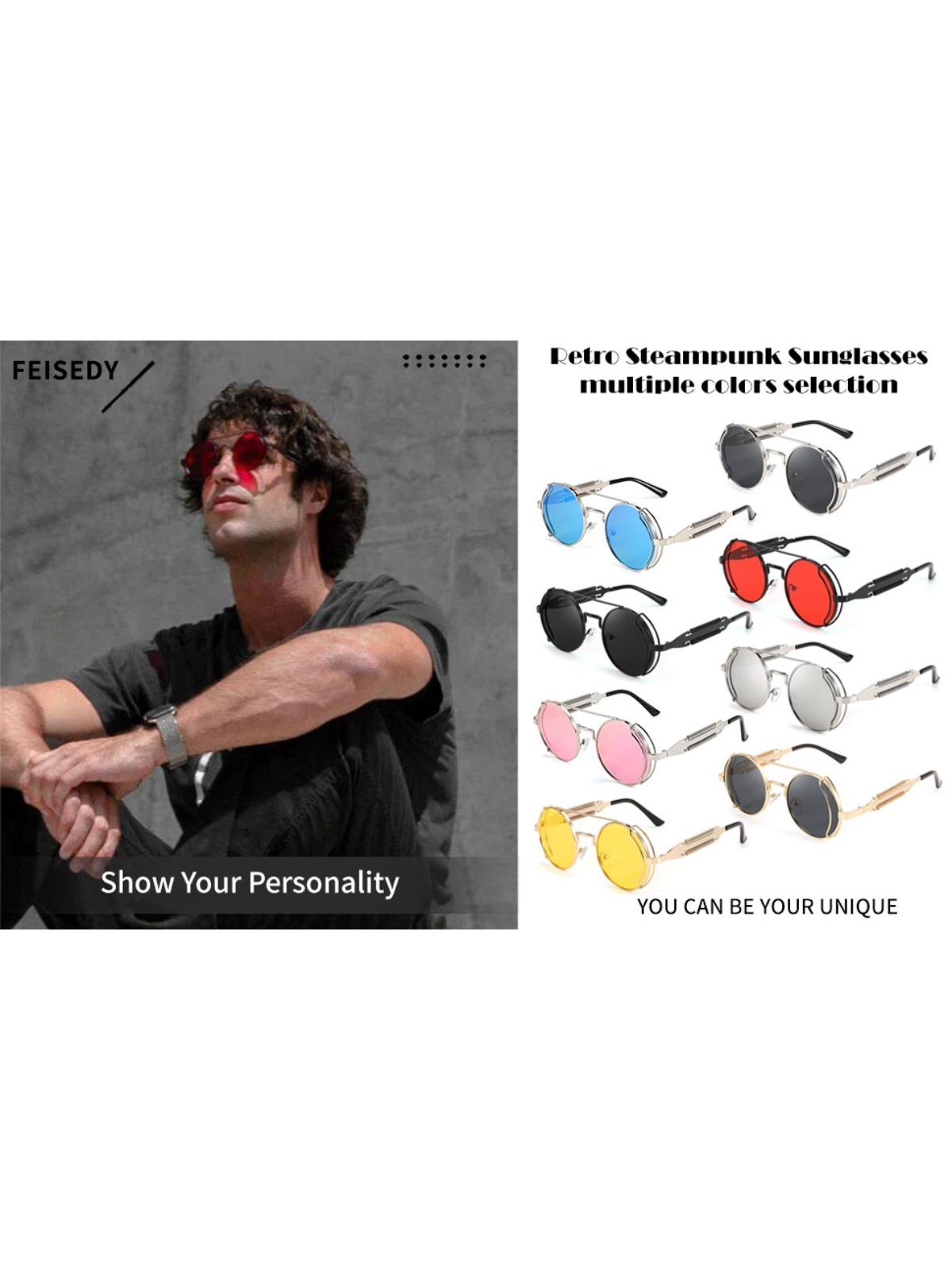 FEISEDY Sunglasses Mens Women Retro Steampunk Round Sunglasses Metal Frame Fishing Driving Hippie Glasses B2351