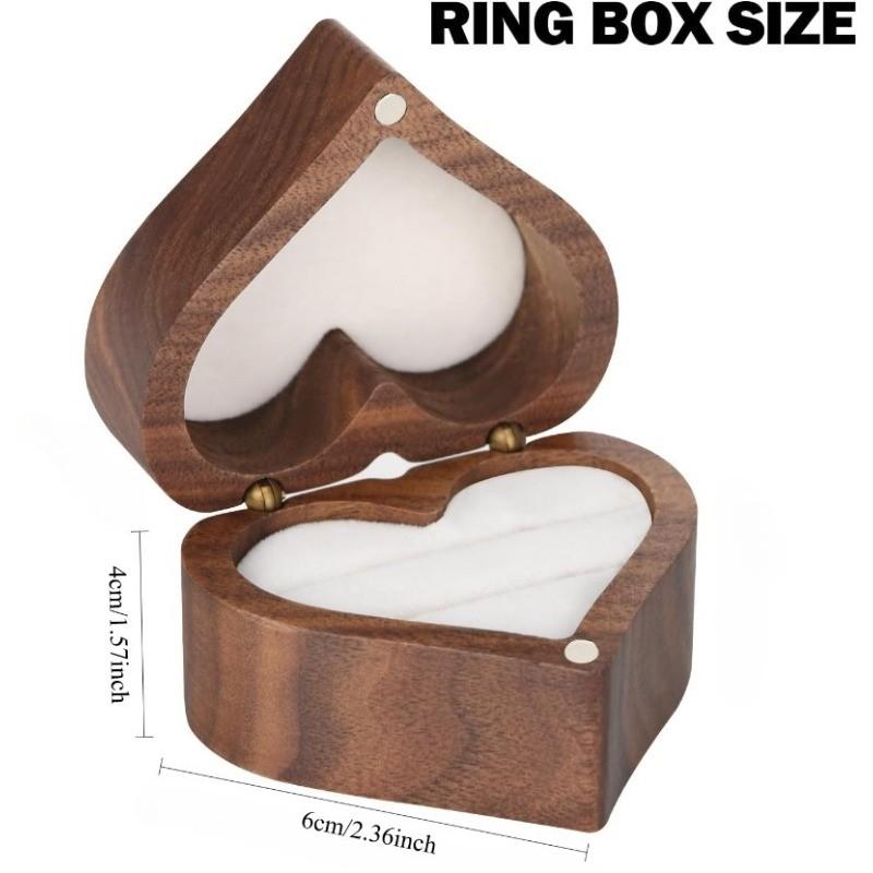 Wooden Heart Shape Ring Gift Box, Personalized Vintage Wood Jewelry Box, 2 Slot, for Proposal, Engagement, Wedding, Anniversary