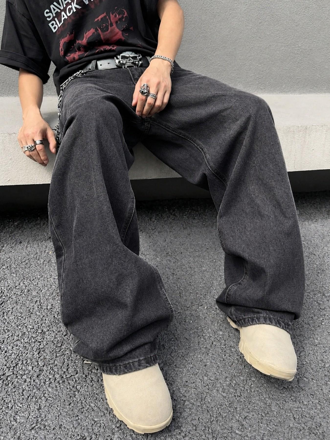 Men’s Blue Washed Jacquard Baggy Jeans, Curved Panel Seams, Wide Leg Loose Fit, Y2K Streetwear Denim Jeans, All Seasons