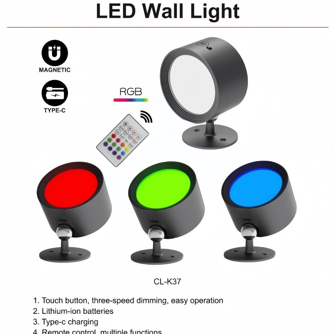 LED Wall Lamp USB Rechargeable Magnetic Ball Reading Light, RGB Color, Touch Remote Control, Perfect for Bedroom, Hallway, Cabinet, Living Room